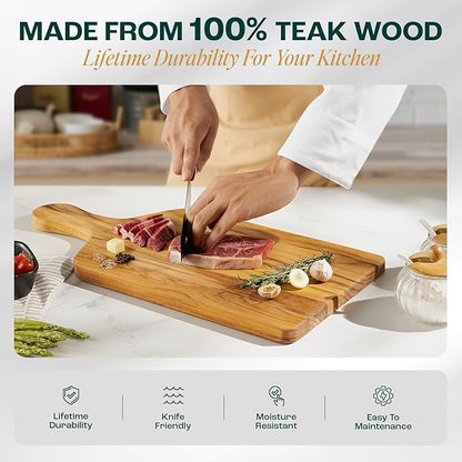 Yes4All Teak Cutting Boards for Kitchen, [20''Lx10''Wx0.75”] Ergonomic Handle Serving Board, Pre-Oiled Teak Wood Charcuterie Board, Multipurpose use for Slicing and Serving Wood Cutting Boards