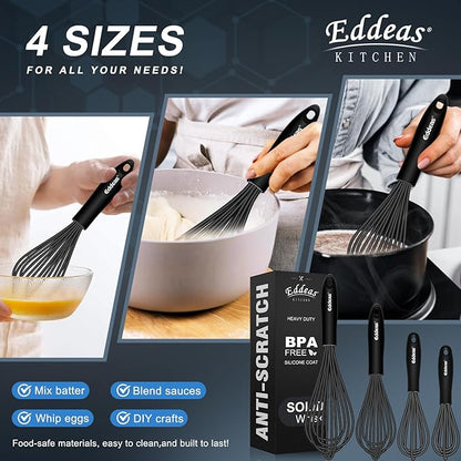 Silicone Whisk - Non Scratch Whisks for Cooking, 500°F Heat Resistant Siliocne Wisk tool, Heavy Duty Kitchen Whisks, for Blending, Beating, set of 4 (5+7+9+11 inch) Black
