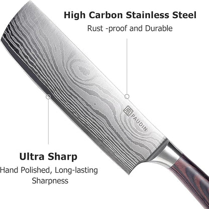 PAUDIN Nakiri Knife - 7" Razor Sharp Meat Cleaver and Vegetable Kitchen Knife, High Carbon Stainless Steel, Multipurpose Asian Chef Knife for Home and Kitchen with Ergonomic Handle