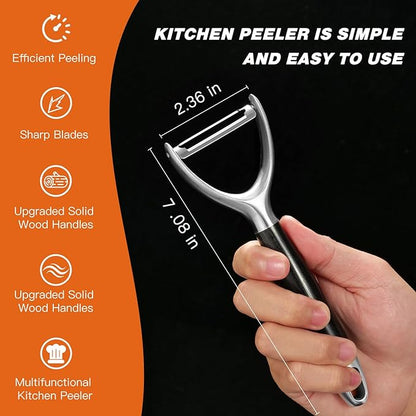 KULUNER 304 Stainless Steel Multi-Function Kitchen Peeler - With Solid Wood Handle, Sharp & Durable Blade, Effortlessly Peels Vegetables and Fruits, Essential Kitchen Tool