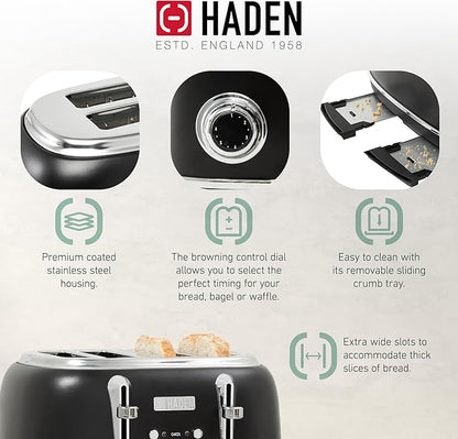 Haden Heritage 4 Slice Wide Slot Stainless Steel Toaster Bundled with 1.7 Liter Stainless Steel Electric Water Kettle, Black & Chrome