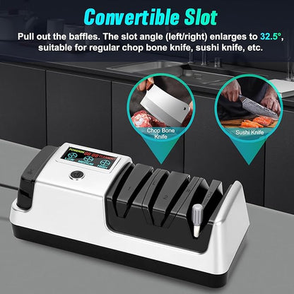 Upgrade 5 in 1 Electric Knife Sharpener with LCD Screen, 3 Rotational Speed Adjustable, 100% Diamond Abrasives, knife sharpener for Straight, Serrated, Meat Cleaver, Ceramic Knives & Scissors, Sliver