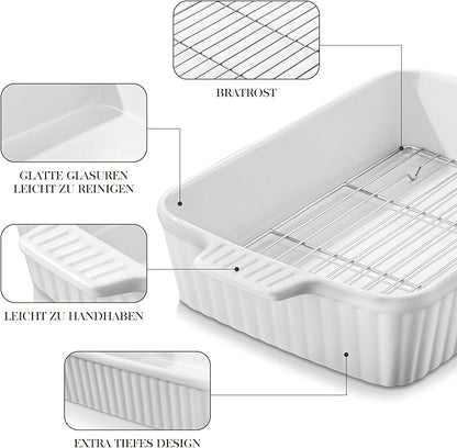 MALACASA 4.4 QT Baking Dish with Rack, 9x13 Large Casserole Dish for Oven, Ceramic Baking Pan with Rack, Rectangular Lasagna Pan Deep with Handles for Baking, Durable Microwave Oven Safe, White