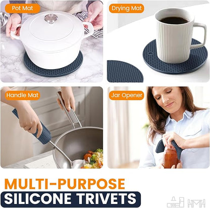 Silicone Trivet Mats 4 Heat Resistant Pot Holders Multipurpose Non-Slip Hot Pads for Kitchen Potholders, Drying mat, Jar Opener, Spoon Holder, Coaster(Navy Blue)