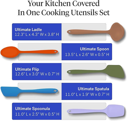 GIR: Get It Right 5 Piece Silicone Ultimate Kitchen Utensils Set - Ladle, Spatula, Flip, Spoon & Spoonula - Non-Toxic Cooking Utensils for Nonstick Cookware, Cooking and Baking - Mediterranean