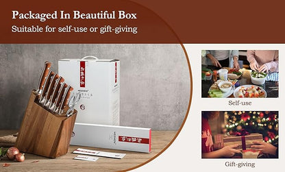 HEZHEN 8 PCS Kitchen Knife Block Set, German DIN 1.4116 Steel Knife Set with Block and Sharpener,Kitchen Shear, Ultra Sharp Blade,Red Wood Handle, Gift Packing