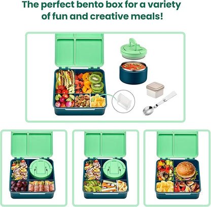 Bento Lunch Box with 8oz Soup Thermo,Kids Leakproof 4 Compartment Lunch Food Containers with Sauce Cup and Ice Pack,Kids Thermo Insulated Hot Food Jar and Lunch Bag for School,Trvael-Green
