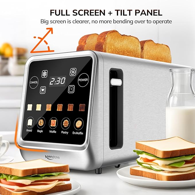 Keenstone Toaster 4 Slice, Digital Smart Toaster with TouchScreen, Memory Function, Single Slot Toasting, Timer, Reheat & Defrost for Bagels, Bread, Waffles, Muffin, Stainless Steel Kitchen Essentials