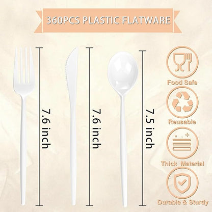 Supernal 360pcs White Plastic Silverware Heavy Duty Disposable Cutlery Set Includes White Party Knives,Plastic Forks and Spoons Suitable July 4th,Weddings & Birthday