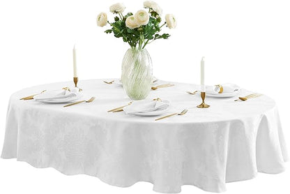 Newbridge Barcelona Luxury Damask Fabric Tablecloth, 60” Wide x 120” Oval, White, 100% Polyester, No Iron, Soil Resistant Dining Room, Party and Banquet Table Cover