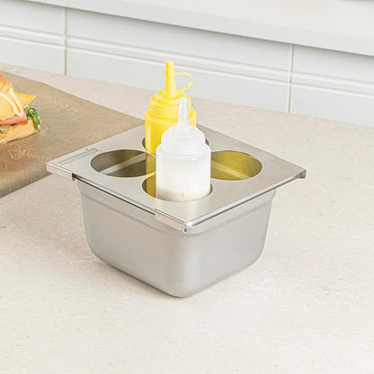 Restaurantware Squeeze Bottle Template Pack of 1 Stainless Steel 4 Hole Holder Top, 2.5" Diameter Fits 1/6 Size Food Pans, Dishwasher Friendly Integrated Lip Design Holder Top for Condiment Bottles