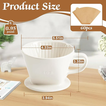Pour Over Coffee Dripper with 60PCS Paper Filter, Ceramic Pour Over Coffee Maker with 3 Holes Flat Bottom, Porcelain Slow Filter Cone for Travel, Camping, Office, Home, Coffee Maker Brew