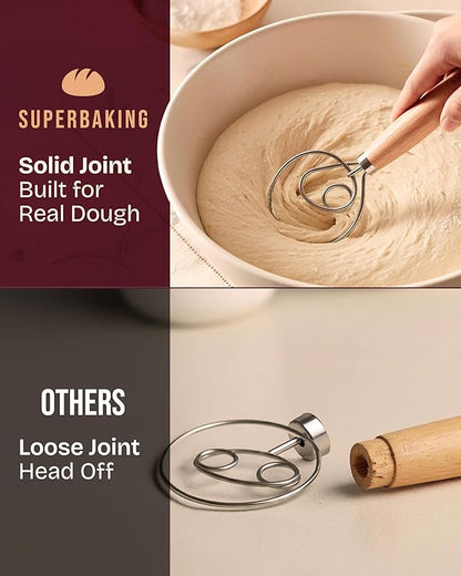 Superbaking Danish Dough Whisk - 12" Bread Whisk for Dough Mixing - Single Eye Design Sourdough Whisk - Sourdough Bread Baking Supplies - Bread Making Tools and Accessories - Ergonomic Wooden Handle