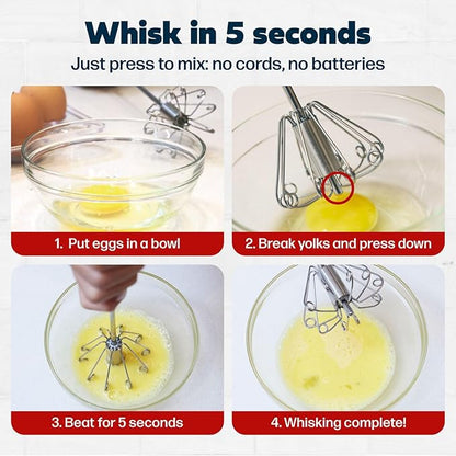 14 Inch Stainless Steel Hand Whisk - Durable & Easy to Use Push-Down Zip Whisker - Rotary Hand Mixer for Beating Eggs, Frothing Milk, Blending, Mixing, Whipping Smoothies & Shakes - Kitchen Tools