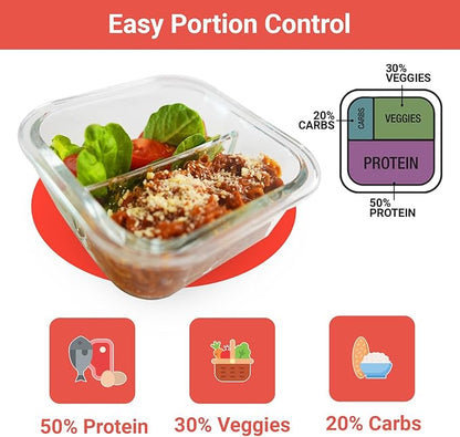 Portion Control Containers for Bariatric Meals – 8 oz Glass Meal Prep Containers with Two 4 oz Compartments and Lids (3 Pack), Reusable Bento Lunch Boxes