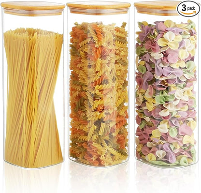 82 Oz Glass Storage Containers with Bamboo Lids, Square Glass Canister Sets Clear Glass Pantry Storage Containers with Lids for Cookie Flour Oat Pasta Tea Coffee Bean, Set of 3