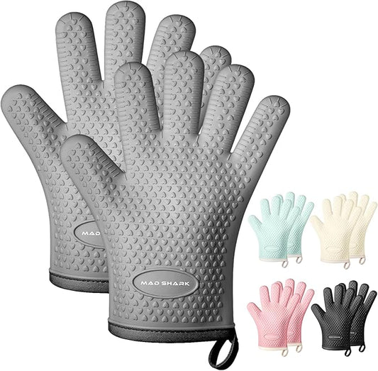 MAD SHARK Silicone Oven Mitts Heat Resistant 450 Degrees,Waterproof & Non-Slip Oven Gloves with Fingers,Cotton Lined Silicone Oven Gloves Kitchen Mitts for Baking Cooking Barbecue,Women,Oven (GREY1)