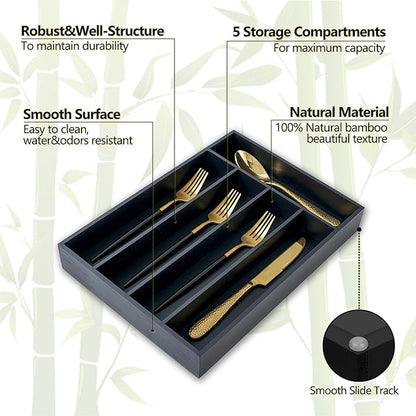 Silverware Organizer, 2 Pack 10 Inch Utensil Organizer Kitchen Drawer Organizer Bamboo Silverware Holder Cutlery Tray Organizer in Drawer Flatware Organizer Tray(5 slots, Black）