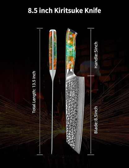 8.5" Kiritsuke Knife - Professional Kitchen Chef Knife - Hammered Damascus Steel & Resin Handle - YAO Series