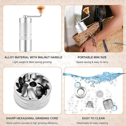 M6 Manual Coffee Grinder,Conical Hexagonal Burr & Double Bearings for Smooth Grinding,Designed for Espresso Pour Over French Press,25g Capacity,Compact & Portable,Gifts for Coffee Lovers