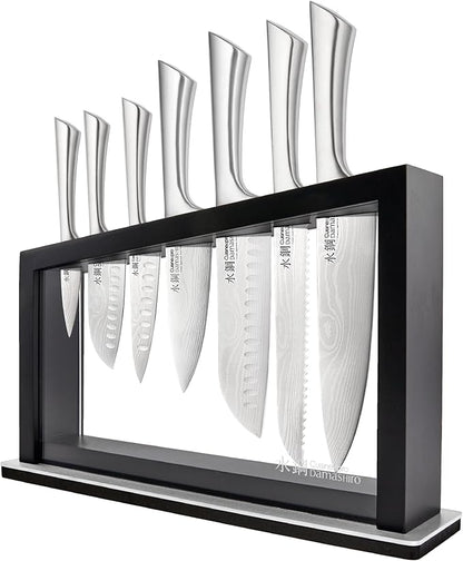 Cuisine::pro Damashiro 8-Piece Satori Knife Block - Japanese Steel Knife Set with Acacia Wood Knife Block -Damascus-Inspired Blade