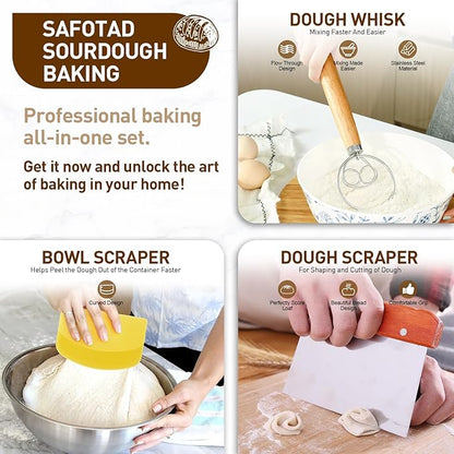 Banneton Bread Proofing Basket, Sourdough Starter Kit with 9" Round & 10" Oval Bread Proofing Basket, Bread Lame, Brushs, Spatula, Scraper, Dough Whisk, Flour Duster & Stencils
