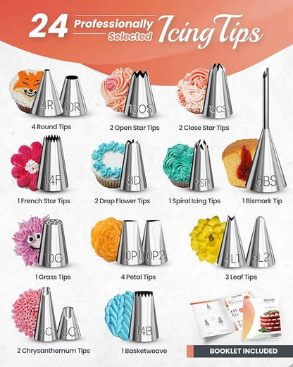 RFAQK 700PCs Cake Decorating Kit with Baking Supplies - Cake Turntable for Decorating with Baking Pans, Leveler, 24 Numbered Piping Tips, 2 Spatulas, Fondant Tools, Video Course, Pattern Chart & More