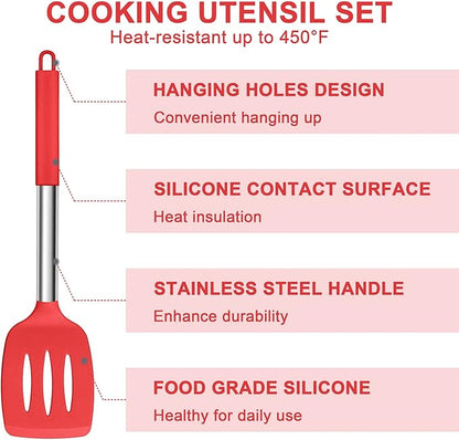 E-far Silicone Cooking Utensils Set, 7 Pcs Heat Resistant Kitchen Utensils with Stainless Steel Handle, Slotted Turner, Spoon, Soup Ladle, Pasta Server, Skimmer, Tongs for Nonstick Cookware, Red