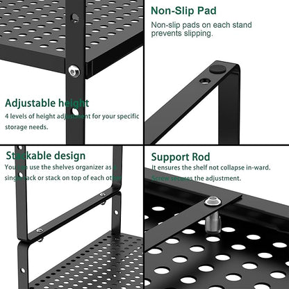 iPEGTOP Large Expandable Cabinet Storage Shelf Organizer Rack, Heavy Duty Stackable Steel Metal Spice Rack Adjustable Height Office Pantry Garage Shelves for Counter Kitchen, Black - 1 Pack