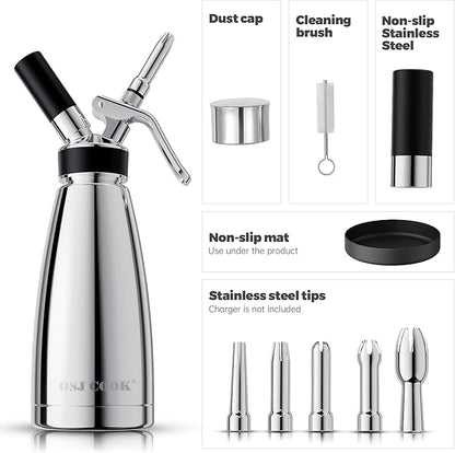 Whipped Cream Dispenser Stainless Steel Keep Warm and Cold,500mL/1 Pint Double Wall Thermos Whipped Cream Maker,5 Various Stainless Decorating Nozzles,1 Cleaning Brush,N2O Chargers NOT Included