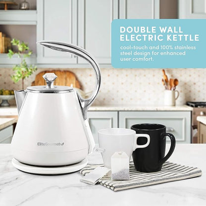 Elite Gourmet EKT-1203W 1350W Double Wall Insulated Cool Touch Electric Water Tea Kettle, BPA Free Stainless Steel Interior and Auto Shut-Off