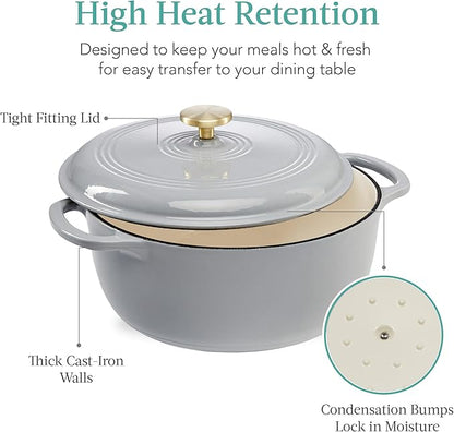 Best Choice Products 6 Quart Enamel Cast-Iron Round Dutch Oven, Family Style Heavy-Duty Pre-Seasoned Cookware for Home, Kitchen, Dining Room, Oven Safe w/Lid, Dual Handles - French Gray