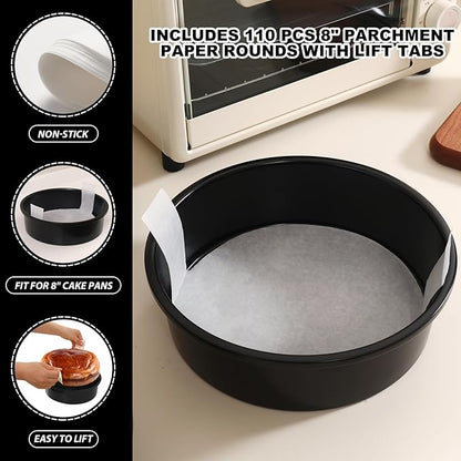 8 Inch Cake Pan Set of 3, Nonstick Round Cake Pans with 110 PCS Parchment Paper, Non-Toxic Carbon Steel Cake Baking Pans, Dishwasher Safe