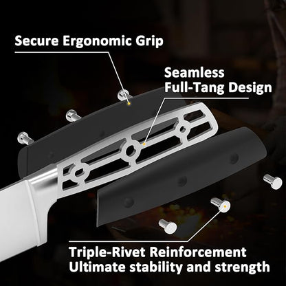 Knife Set, 7 Piece Sharp Chef Knife Set with Solid Wood Block, Unique One-Sided Magnetic Design, Full-tang Stainless Steel Knife Block Set for Home and Restaurants, Elegant Black