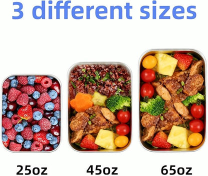 Stainless Steel Lunch Box Container with Lid, Pack of 3 Bento Snack Boxes for Work, Travel or Picnics, Dishwasher Safe, 25oz, 45oz, 65oz
