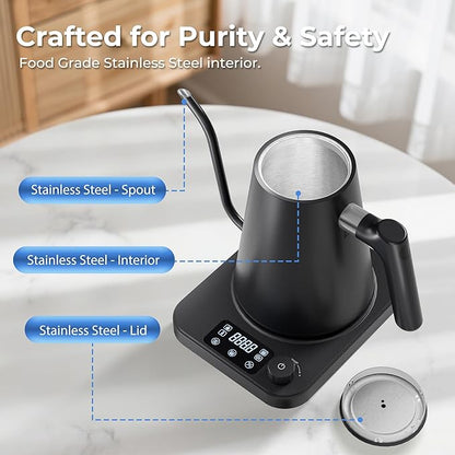Gooseneck Electric Kettle, ±1°F Precision Control, Smart Altitude Adjustment, 24H Keep Warm, 30-Min Auto Memory, Food Grade Stainless Steel, Pour Over Kettle for Coffee and Tea, 1200W/1.0L
