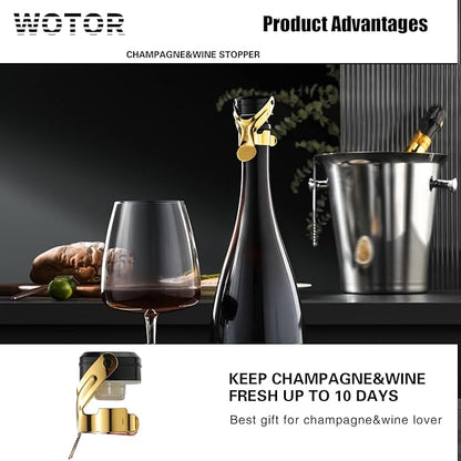 WOTOR Champagne&Wine Bottle Stoppers Stainless Steel with Food Grade Silicone, Leak Proof Keep Fresh Reusable Saver, Cork Suitable for Wine, Champagne, Cava, Prosecco and Sparkling (12 Pack Gold）