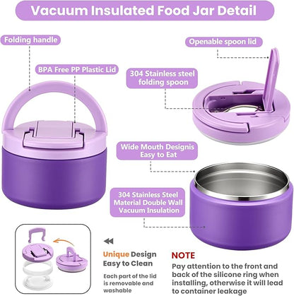 Bento Lunch Box for Kids with 8oz Soup Thermo,Kids Leakproof Lunch Food Containers with 4 Compartment,Kid Insulated Thermo Hot Food Jar for School,Trvael-Purple
