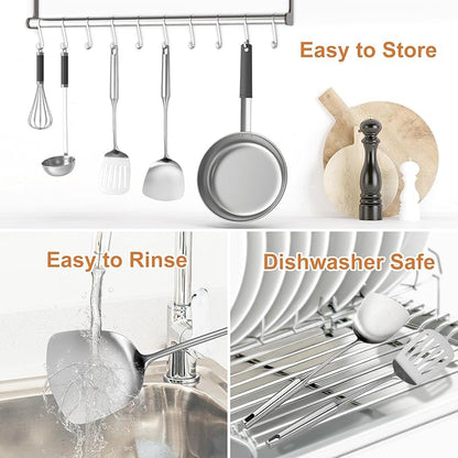 304 Stainless Steel Kitchen Utensils Set, 2 Pcs Long Metal Utensils Set with Spatula, Slotted Spatula Turner (Dishwasher Safe)