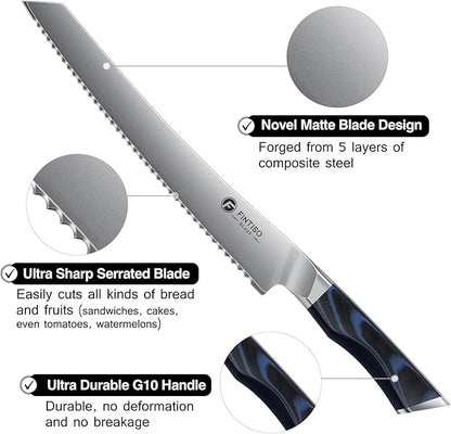 FINTISO Bread Knife 10 Inch, Serrated Bread Cutter with Razor Sharp Japanese High Carbon Stainless Steel Blade & G10 Ergonomic Handle, Wavy Edge Knife for Bread, Cake & Pastries, Ideal Baking Gift