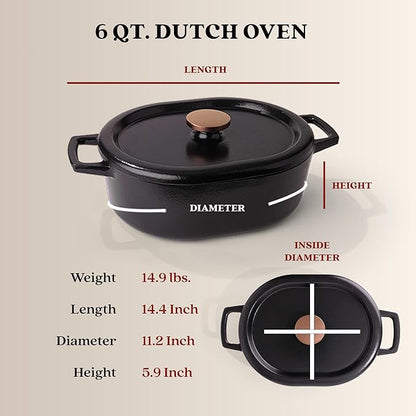 Alva Nori 6-Qt Enameled Cast Iron Dutch Oven – Made With No PTFE/PFOA/PFAS, Oven & Induction Safe – 3-Layer Enamel, No Seasoning Needed – Durable, Easy-Clean Cookware for Healthy Cooking, Black