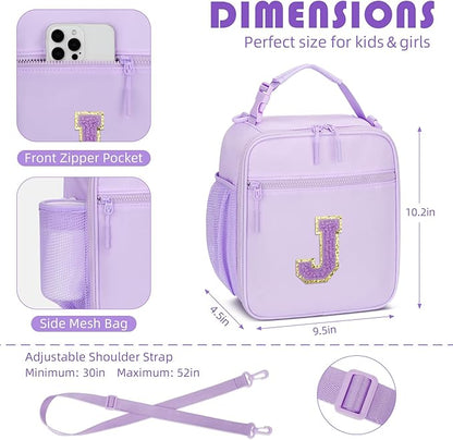 Initial Insulated Lunch Bag for Girls Kids, Back to School Gift, Reusable Leak-proof Lunch Box with Adjustable Strap for School Daycare Travel Picnic (Purple,J)