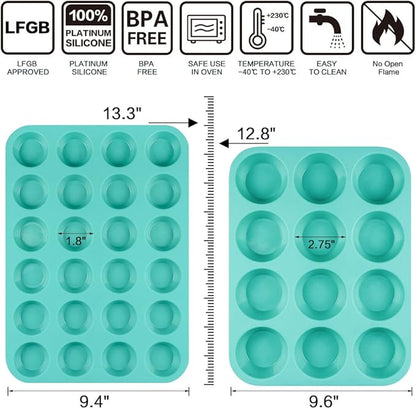 Silicone Muffin Pan Cupcake Pan Set - Mini 24 Cups and Regular 12 Cups Muffin Tin, Nonstick Food Grade Molds with 12 Baking Cups