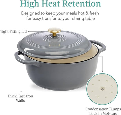 Best Choice Products 7.5 Quart Enamel Cast-Iron Round Dutch Oven, Family Style Heavy-Duty Pre-Seasoned Cookware for Home, Kitchen, Dining Room, Oven Safe w/Lid, Dual Handles - Graphite Gray