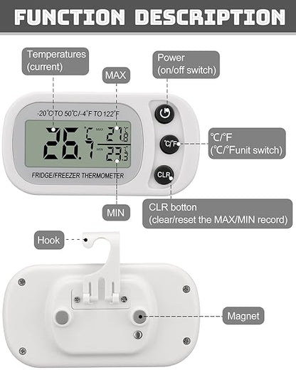 Frienda 8 Pack White Digital Fridge Thermometer Waterproof Refrigerator and Freezer Room Max/min Record Function LCD Screen Refrigerator Thermometer with Hook and Magnetic Back for Home