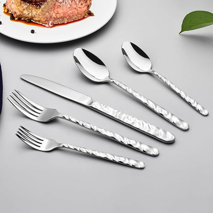 60 Piece Silverware Set for 12, Food-Grade Stainless Steel Utensils Set Includes Spoons Forks Knives, Sturdy Home Kitchen Eating Tableware Set,Wave Style Design & Mirror Polished - Dishwasher Safe