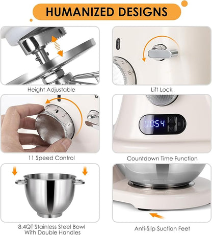 8.4QT Commercial Stand Mixer 800W with NSF Certified and Aluminum Die Casting, Mixers Kitchen Electric Stand Mixer Metal Food Mixer with Stainless Steel 8L Bowl, Dough Hook, Whisk and Beater