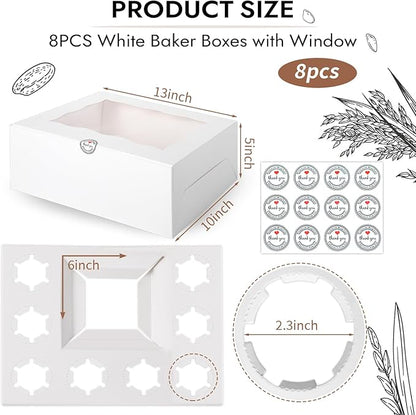 JCD 9 Holes Fit 8 Cupcakes and 1 Mini Cake Box Combo,8 sets of Cake Boxes, Pastry Sweets Bento Box, Cupcake Combo Box with Stickers(1+8/8pcs)