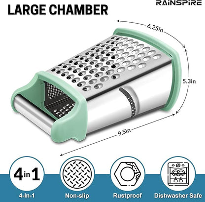 Rainspire Professional Box Grater, Cheese Grater Box for Kitchen Stainless Steel with 4 Sides, Cheese and Spice Graters with Handle for Vegetables, Ginger, Potatoes, Mint