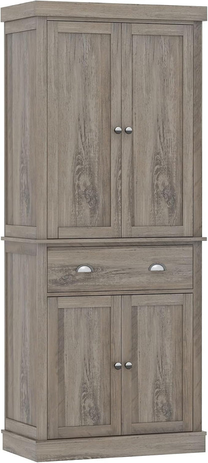 FOTOSOK 72" Kitchen Pantry Storage Cabinets with Drawer, Freestanding Cupboard with 4 Doors, Drawer, 4 Shelves, Utility Pantry Cabinet for Kitchen, Dining Room, Living Room, Ash Grey
